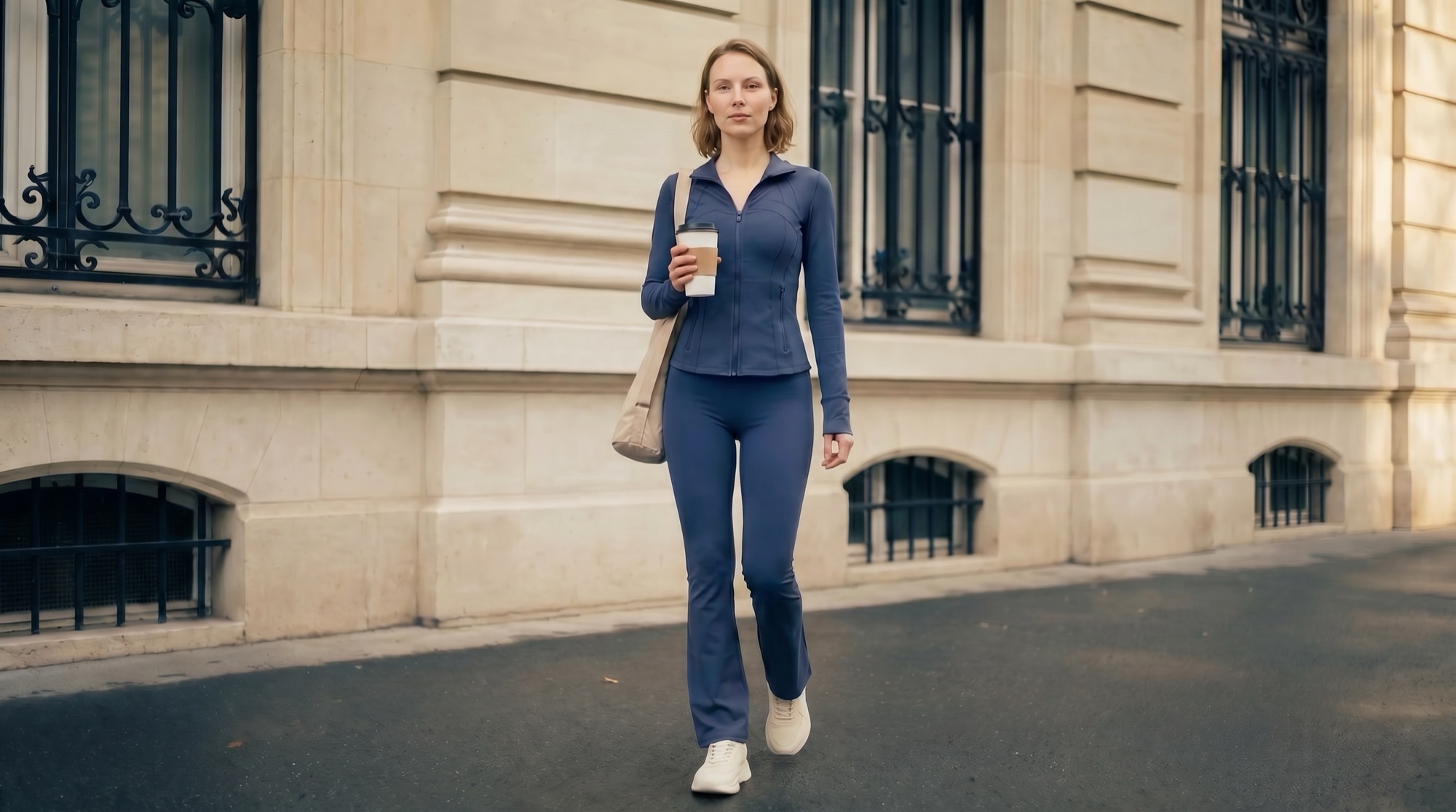 Navy track set worn on a city street