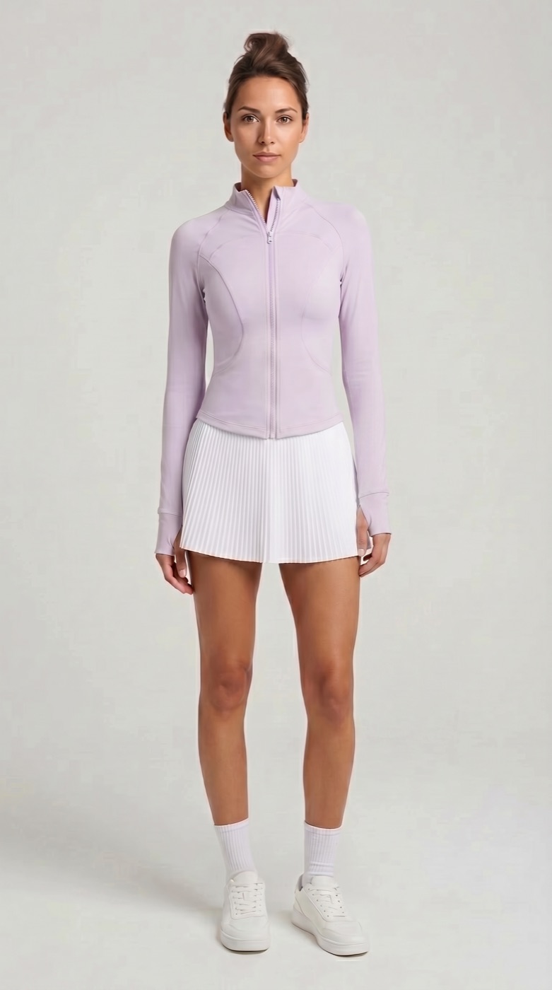 Zip jacket in orchid with ivory pleated skirt