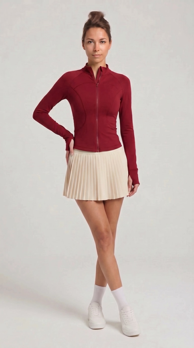 Zip jacket in wine with cream pleated skirt